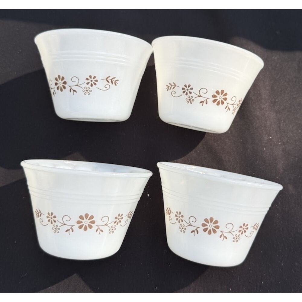 Vintage Dynaware Pyr-O-Rey Custard Cups – Set of 4 Milk Glass Brown Floral -T40